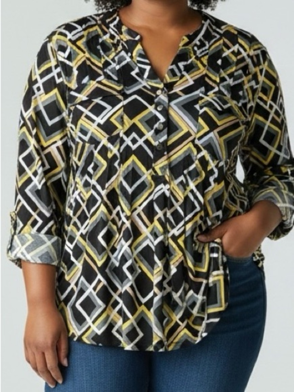 Cocomo Black, Yellow & White Geometric V-Neck Blouse Size Large
